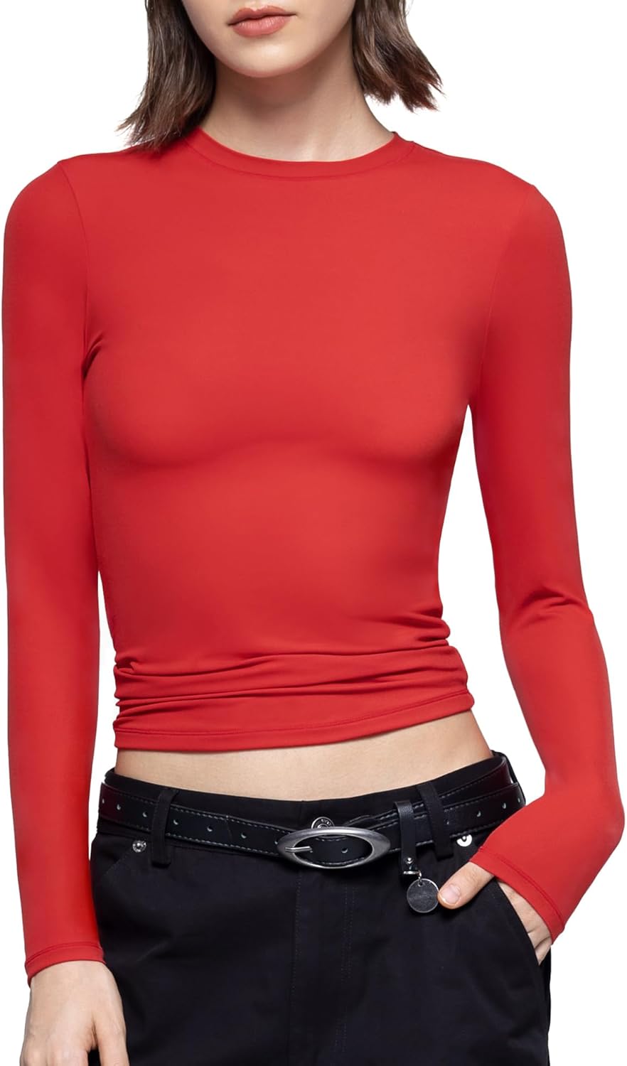 Women's Long Sleeve T Shirts Crew Neck Slim Fit Tops Sexy Basic Tee - Picture 20 of 24
