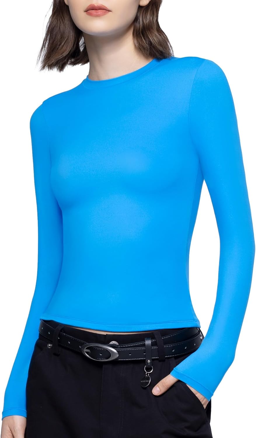 Women's Long Sleeve T Shirts Crew Neck Slim Fit Tops Sexy Basic Tee - Picture 24 of 24