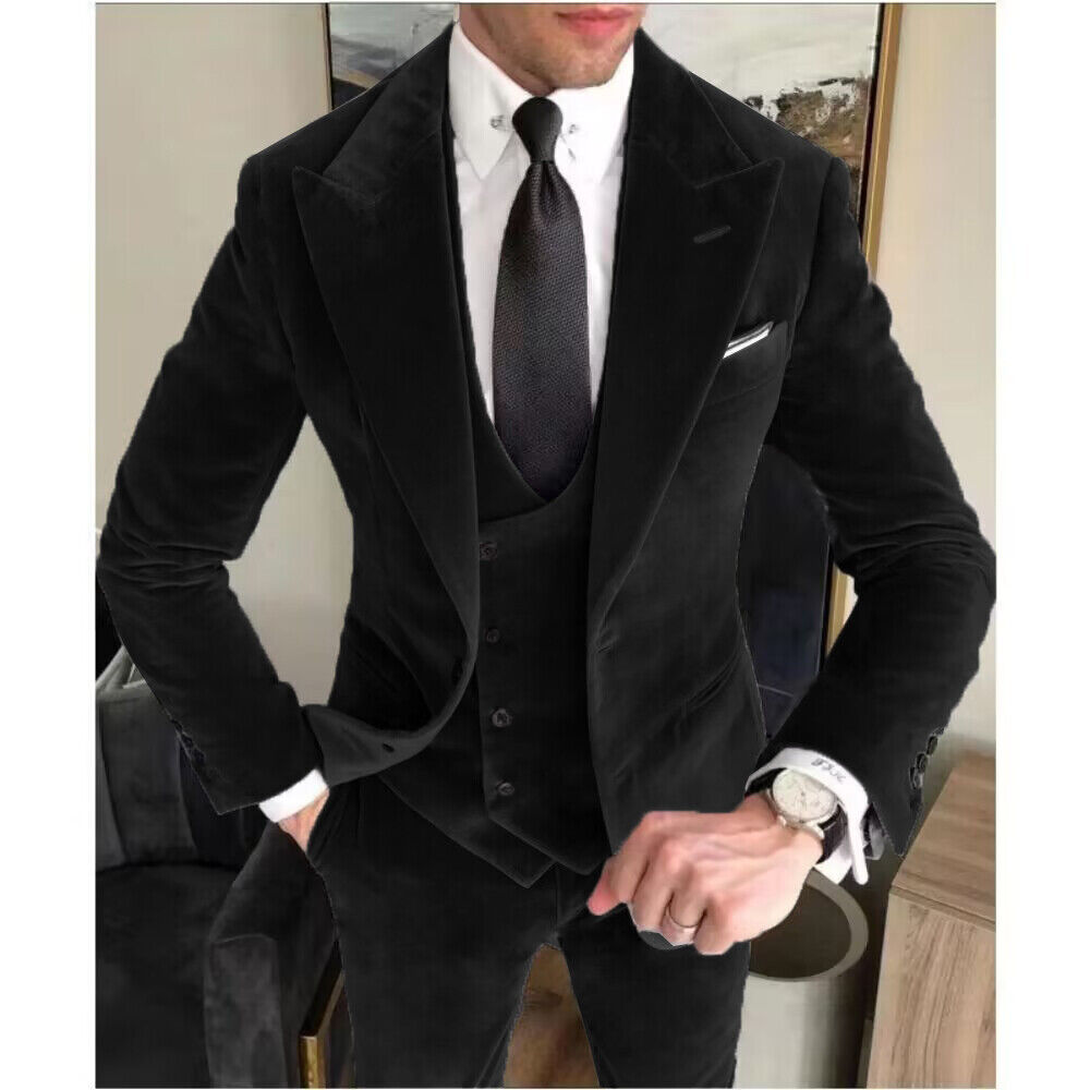 Vintage Samt Herren Anzug Breites Spitzes Revers Formell Business Hochzeit Party Smoking - Bild 18 von 24