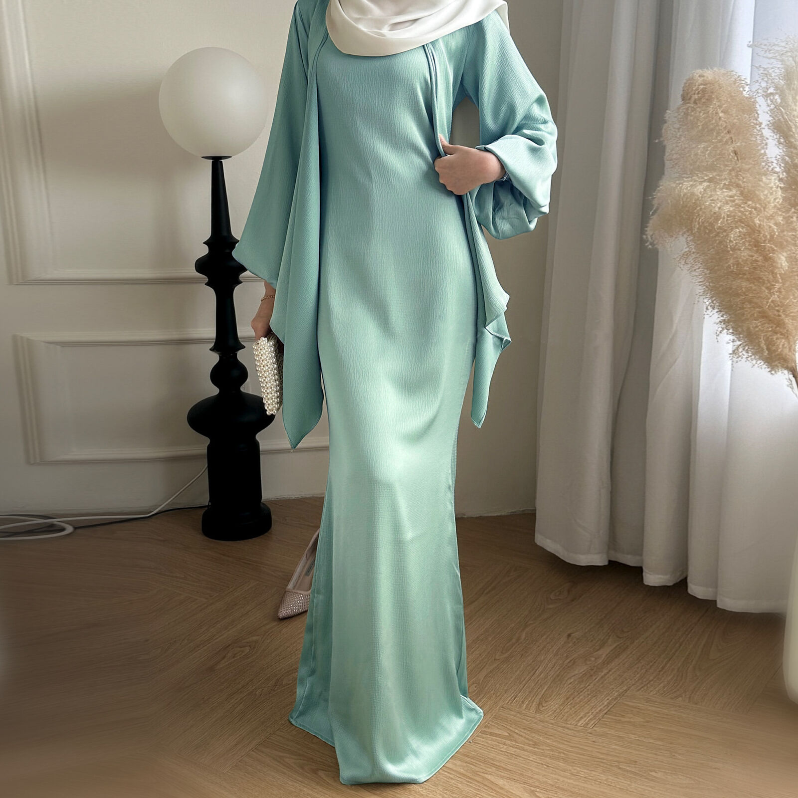 2pcs Women Muslim Open Abaya Blouse Maxi Dress Kaftan Sets Islamic Turkey Gown - Bild 25 von 27