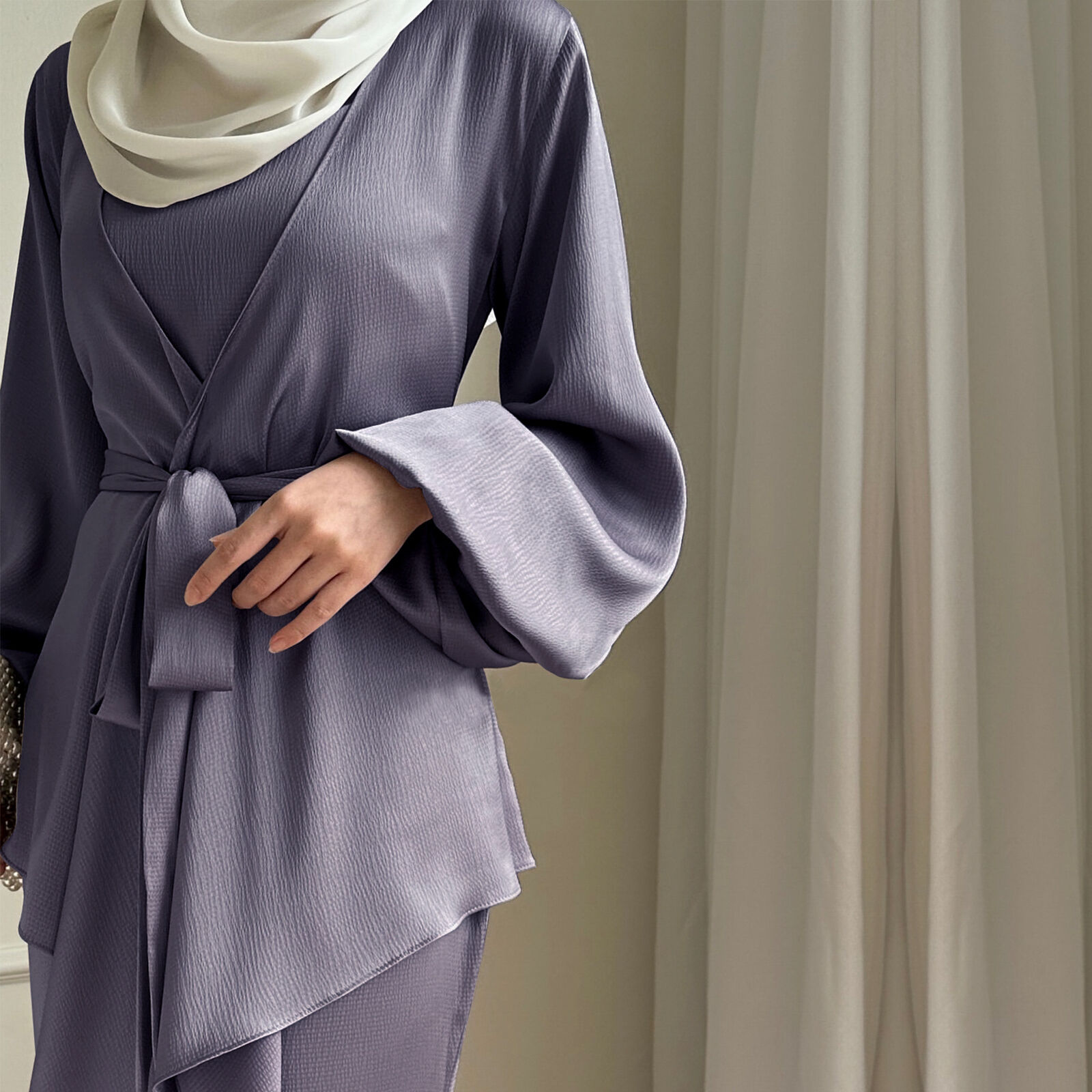 2pcs Women Muslim Open Abaya Blouse Maxi Dress Kaftan Sets Islamic Turkey Gown - Bild 27 von 27