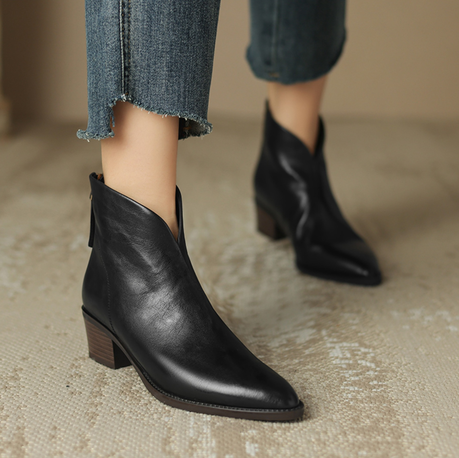 Women Chelsea Booties Ladies Block Heel V Cut Pointy Toe Retro Ankle Boots Shoes - Picture 17 of 18