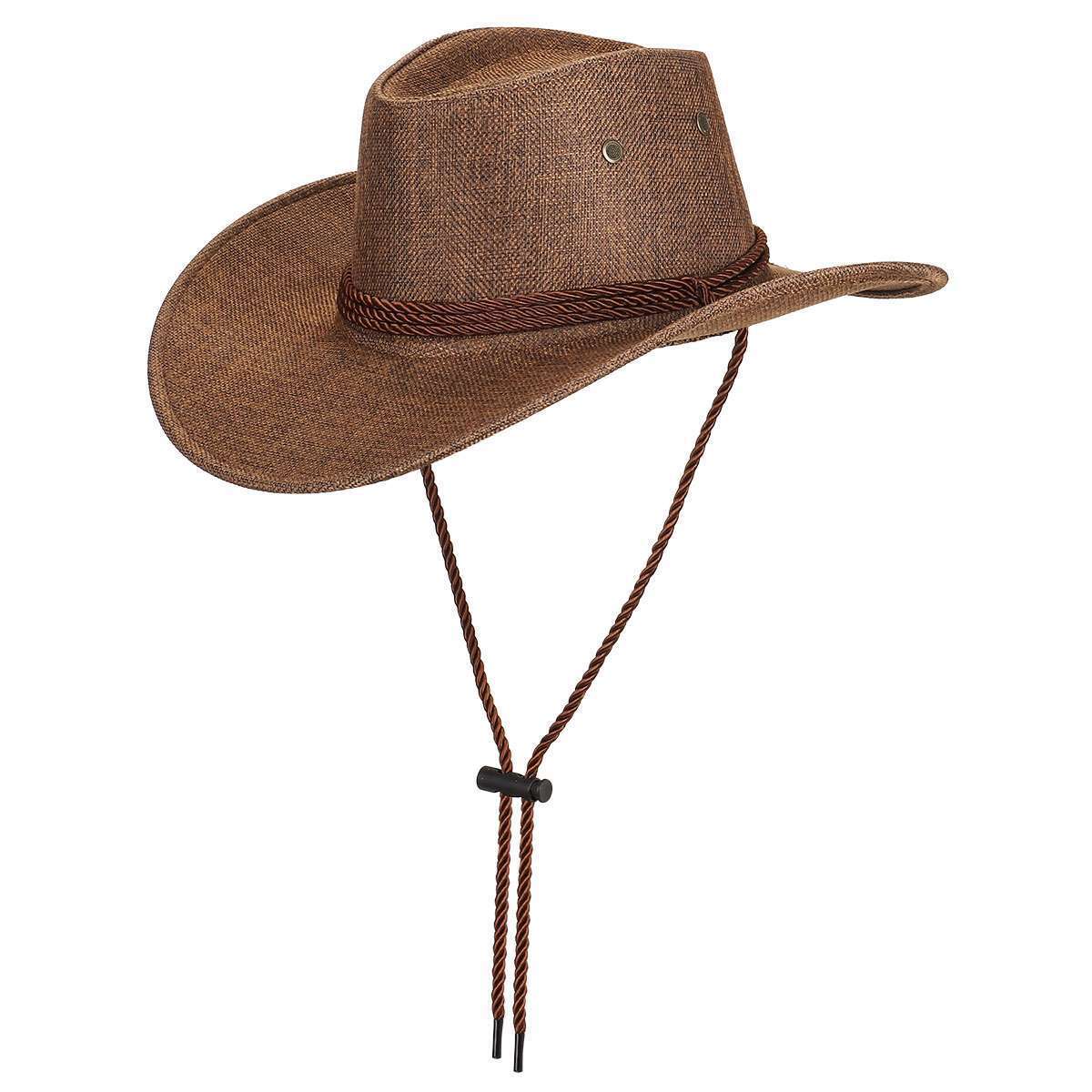 Unisex Western Cowboy Fedora Sun Hat Wide Brim Linen Mesh Outdoor Bucket Cap - Picture 27 of 30