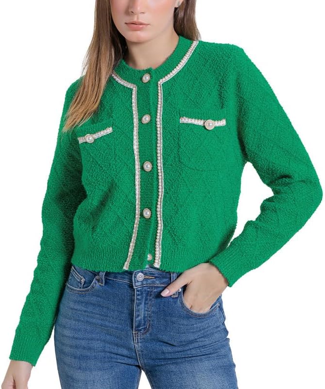 Women's Casual Cardigans Chunky Short Cardigan Pearl Button Long Sleeved Sweater - Picture 32 of 72