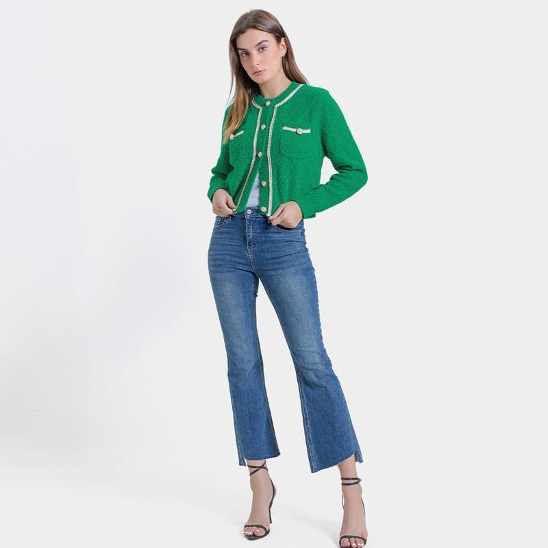 Women's Casual Cardigans Chunky Short Cardigan Pearl Button Long Sleeved Sweater - Picture 36 of 72