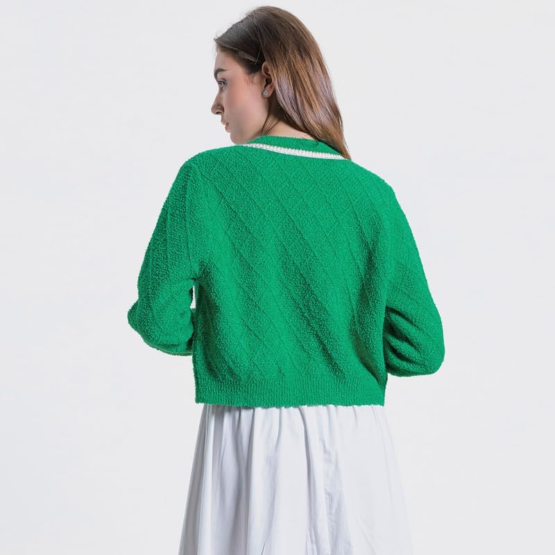 Women's Casual Cardigans Chunky Short Cardigan Pearl Button Long Sleeved Sweater - Picture 38 of 72