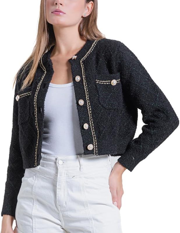 Women's Casual Cardigans Chunky Short Cardigan Pearl Button Long Sleeved Sweater - Picture 40 of 72