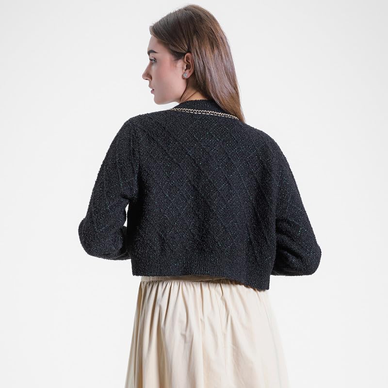 Women's Casual Cardigans Chunky Short Cardigan Pearl Button Long Sleeved Sweater - Picture 48 of 72