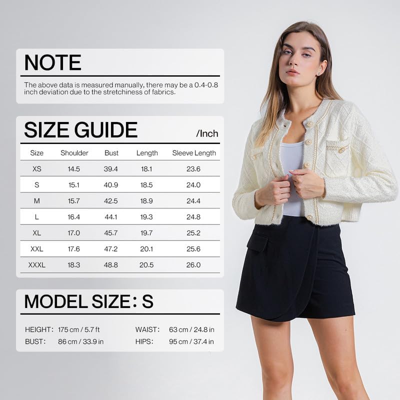 Women's Casual Cardigans Chunky Short Cardigan Pearl Button Long Sleeved Sweater - Picture 28 of 72