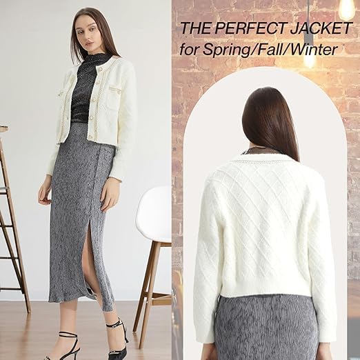 Women's Casual Cardigans Chunky Short Cardigan Pearl Button Long Sleeved Sweater - Picture 25 of 72