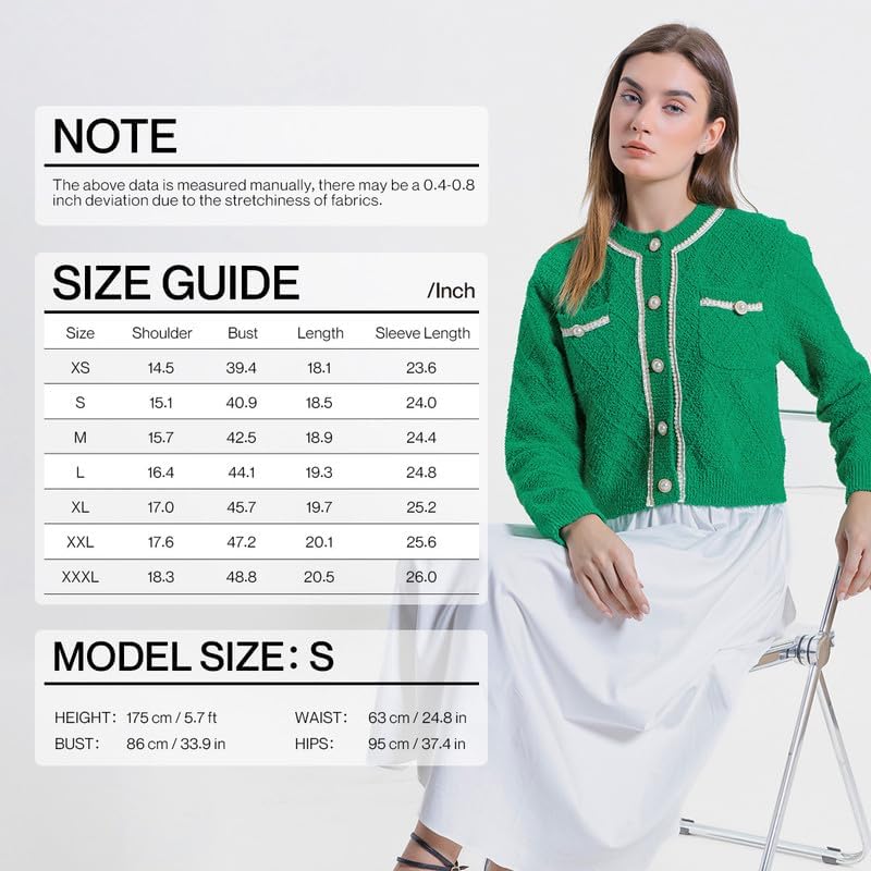 Women's Casual Cardigans Chunky Short Cardigan Pearl Button Long Sleeved Sweater - Picture 37 of 72