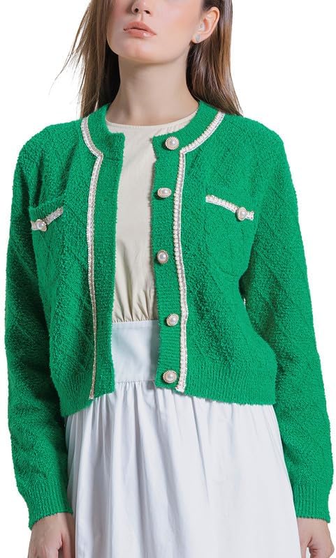 Women's Casual Cardigans Chunky Short Cardigan Pearl Button Long Sleeved Sweater - Picture 39 of 72