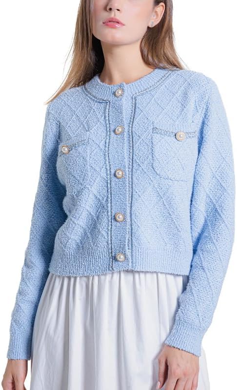 Women's Casual Cardigans Chunky Short Cardigan Pearl Button Long Sleeved Sweater - Picture 49 of 72