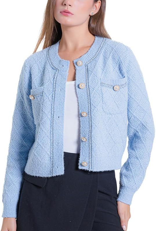 Women's Casual Cardigans Chunky Short Cardigan Pearl Button Long Sleeved Sweater - Picture 55 of 72