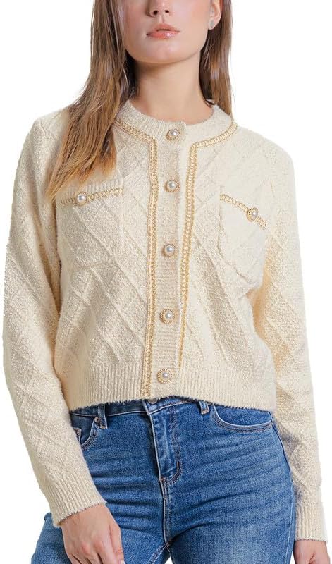 Women's Casual Cardigans Chunky Short Cardigan Pearl Button Long Sleeved Sweater - Picture 57 of 72