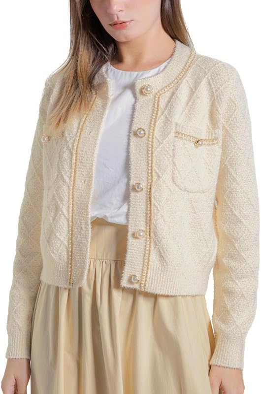 Women's Casual Cardigans Chunky Short Cardigan Pearl Button Long Sleeved Sweater - Picture 63 of 72