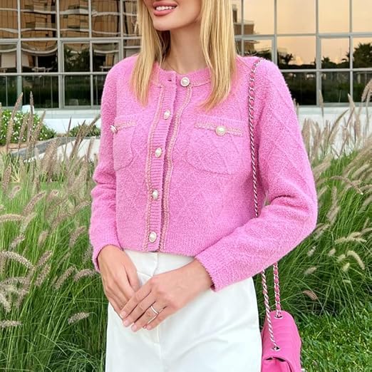 Women's Casual Cardigans Chunky Short Cardigan Pearl Button Long Sleeved Sweater - Picture 67 of 72