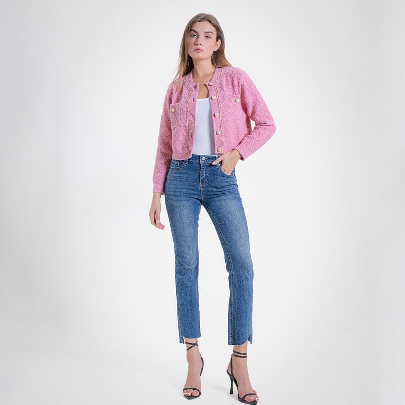 Women's Casual Cardigans Chunky Short Cardigan Pearl Button Long Sleeved Sweater - Picture 68 of 72