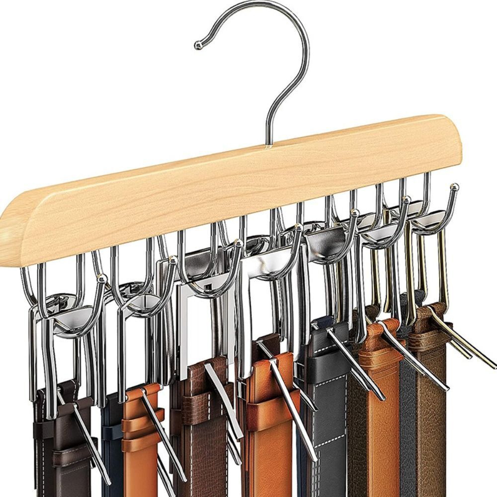 1x Belt Tie Hanger For Closet Wooden Belt Organizer 14 Hooks Holder For Ties US