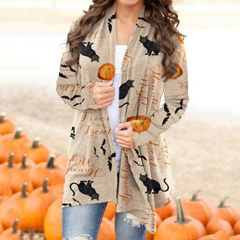 Women's Halloween Cat Pumpkin Cardigan Open Front Knit Outwear Coat Sweater Top - Picture 15 of 63