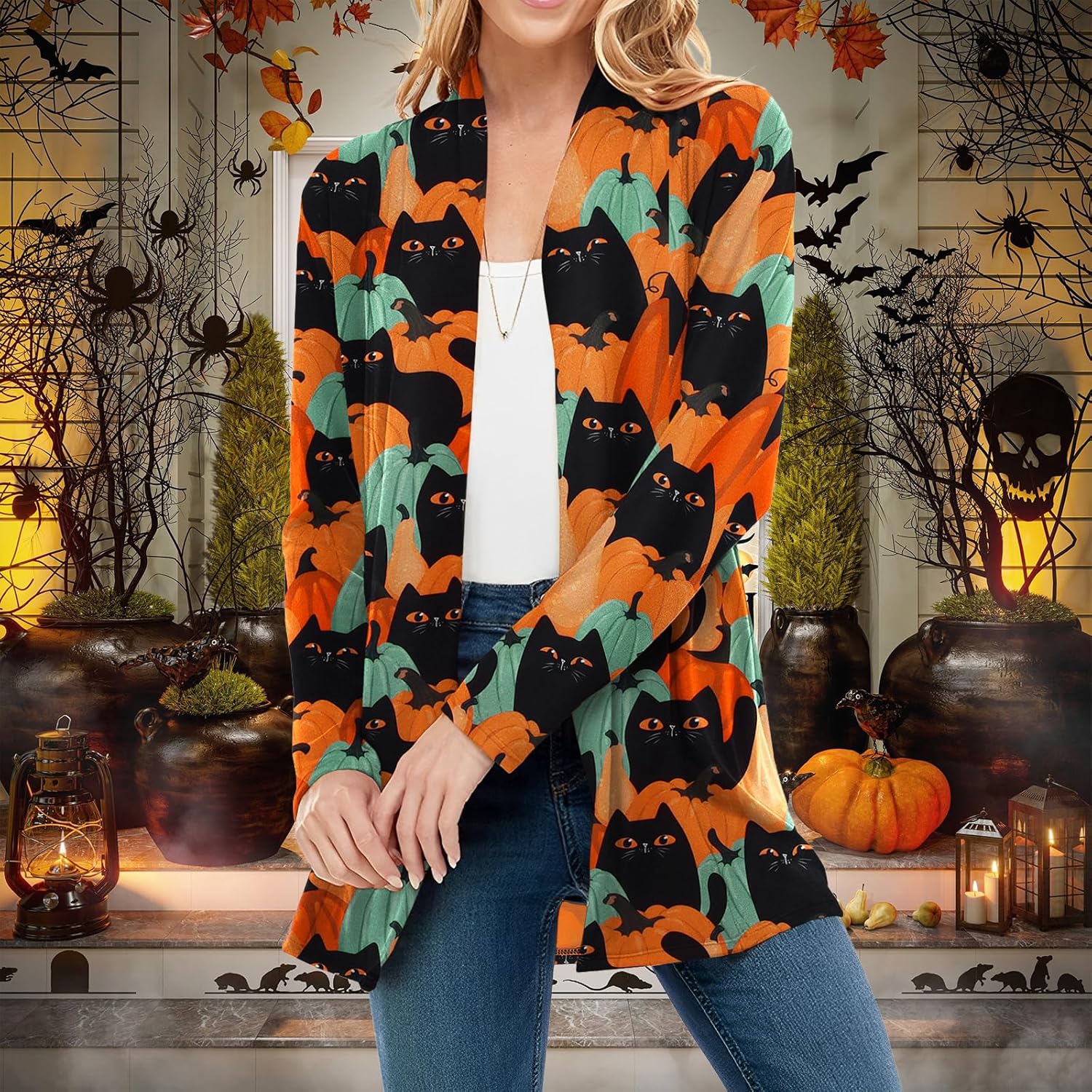 Women's Halloween Cat Pumpkin Cardigan Open Front Knit Outwear Coat Sweater Top - Picture 19 of 63