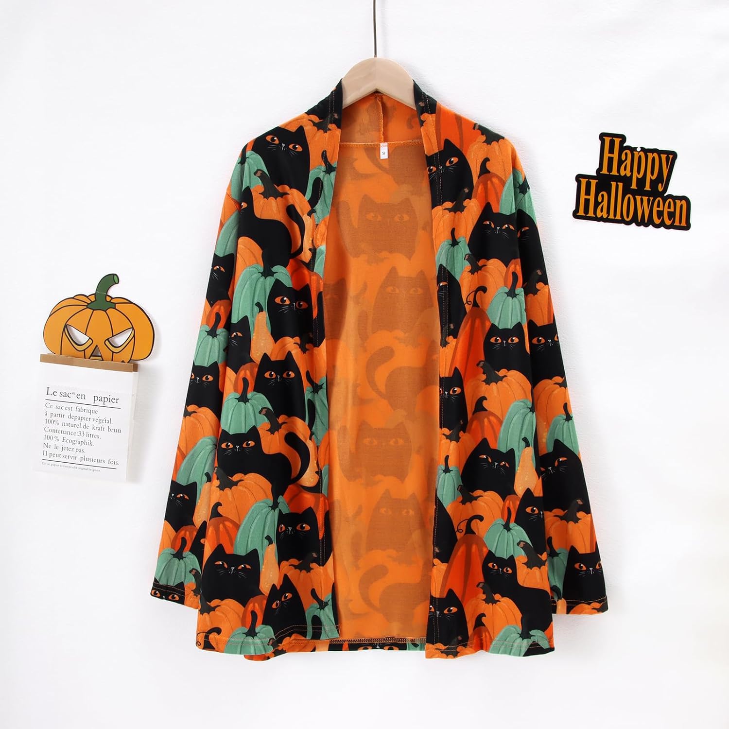 Women's Halloween Cat Pumpkin Cardigan Open Front Knit Outwear Coat Sweater Top - Picture 20 of 63