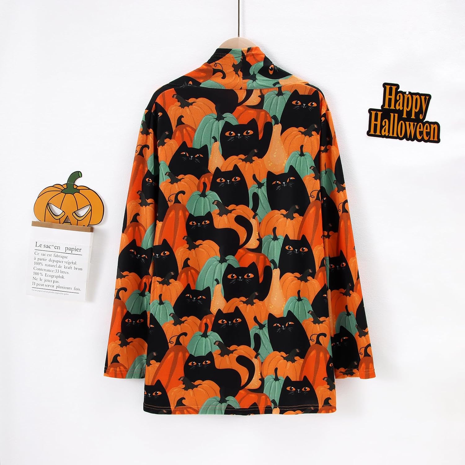 Women's Halloween Cat Pumpkin Cardigan Open Front Knit Outwear Coat Sweater Top - Picture 21 of 63
