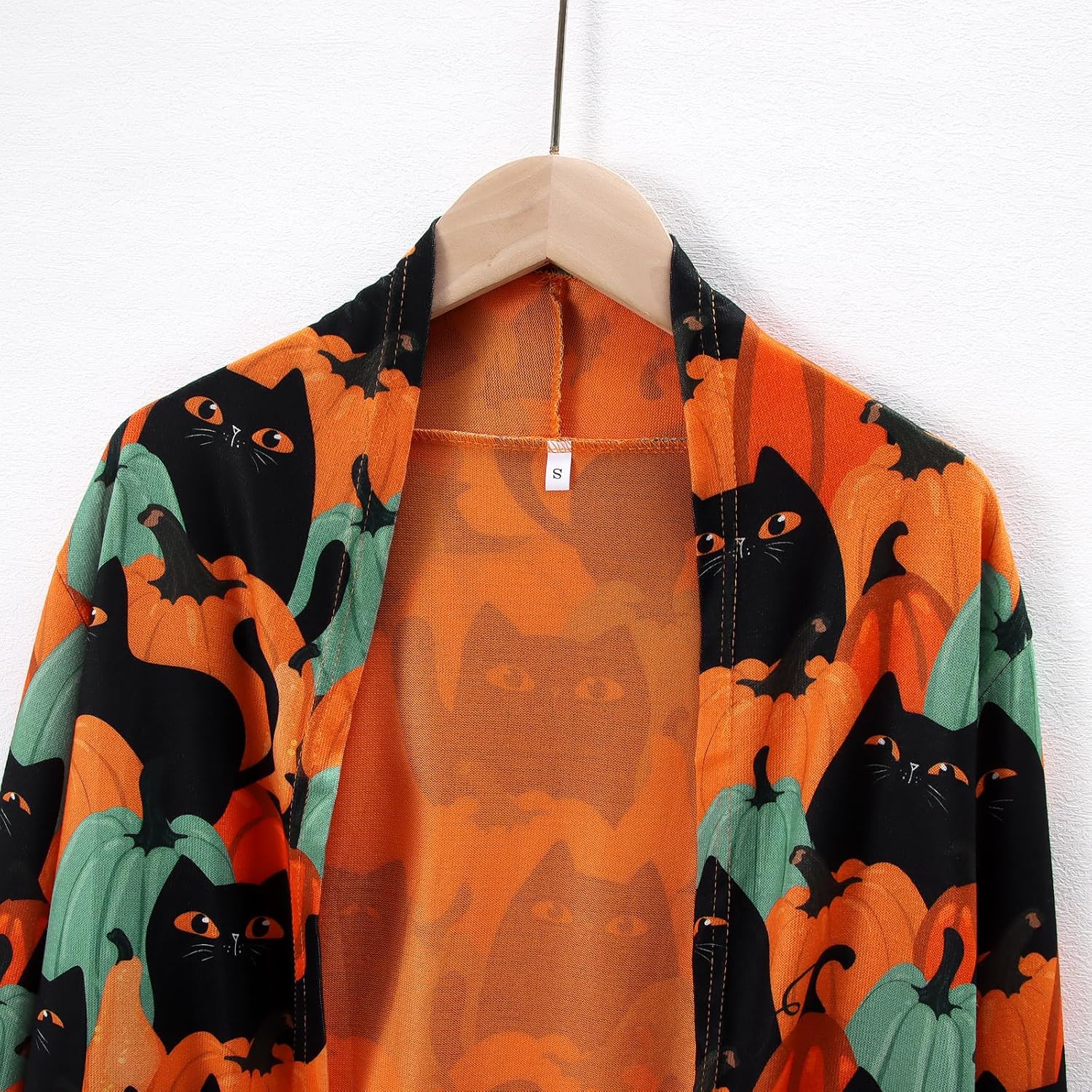 Women's Halloween Cat Pumpkin Cardigan Open Front Knit Outwear Coat Sweater Top - Picture 24 of 63