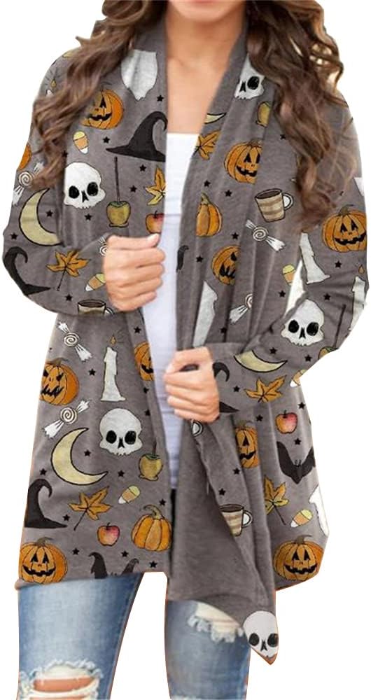 Women's Halloween Cat Pumpkin Cardigan Open Front Knit Outwear Coat Sweater Top - Picture 32 of 63