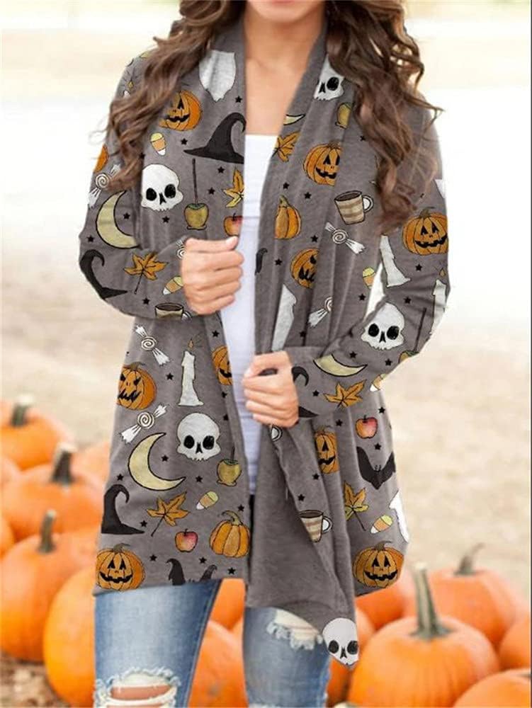 Women's Halloween Cat Pumpkin Cardigan Open Front Knit Outwear Coat Sweater Top - Picture 33 of 63