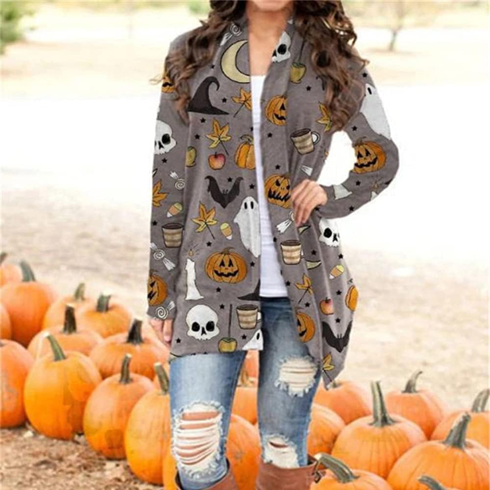 Women's Halloween Cat Pumpkin Cardigan Open Front Knit Outwear Coat Sweater Top - Picture 34 of 63