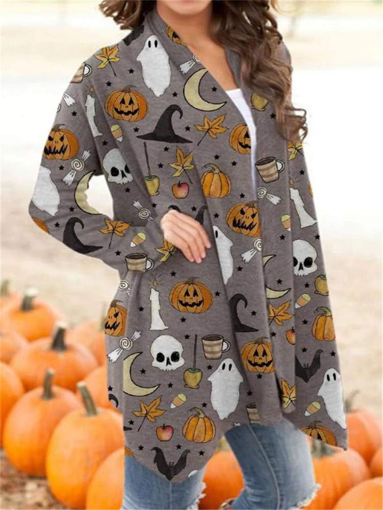 Women's Halloween Cat Pumpkin Cardigan Open Front Knit Outwear Coat Sweater Top - Picture 35 of 63