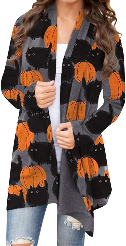 Women's Halloween Cat Pumpkin Cardigan Open Front Knit Outwear Coat Sweater Top - Picture 38 of 63