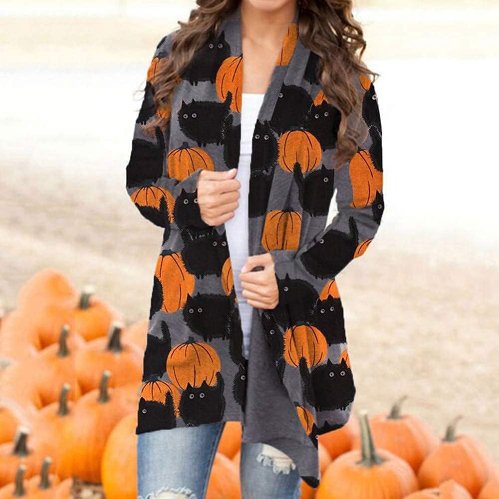 Women's Halloween Cat Pumpkin Cardigan Open Front Knit Outwear Coat Sweater Top - Picture 39 of 63