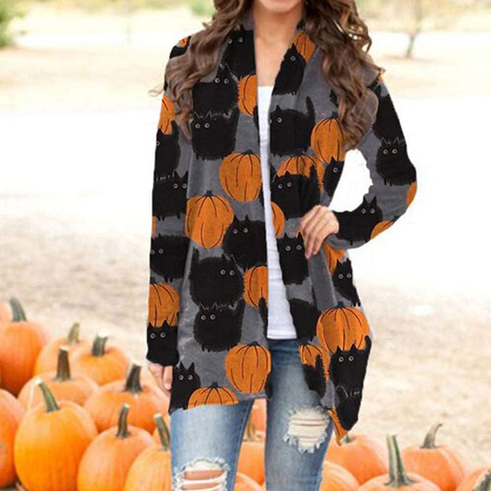Women's Halloween Cat Pumpkin Cardigan Open Front Knit Outwear Coat Sweater Top - Picture 40 of 63