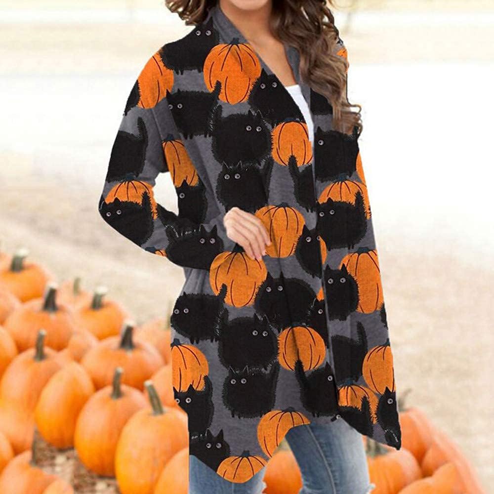 Women's Halloween Cat Pumpkin Cardigan Open Front Knit Outwear Coat Sweater Top - Picture 41 of 63