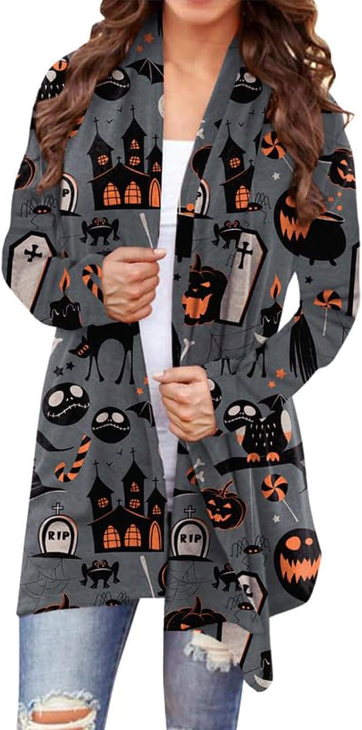 Women's Halloween Cat Pumpkin Cardigan Open Front Knit Outwear Coat Sweater Top - Picture 43 of 63