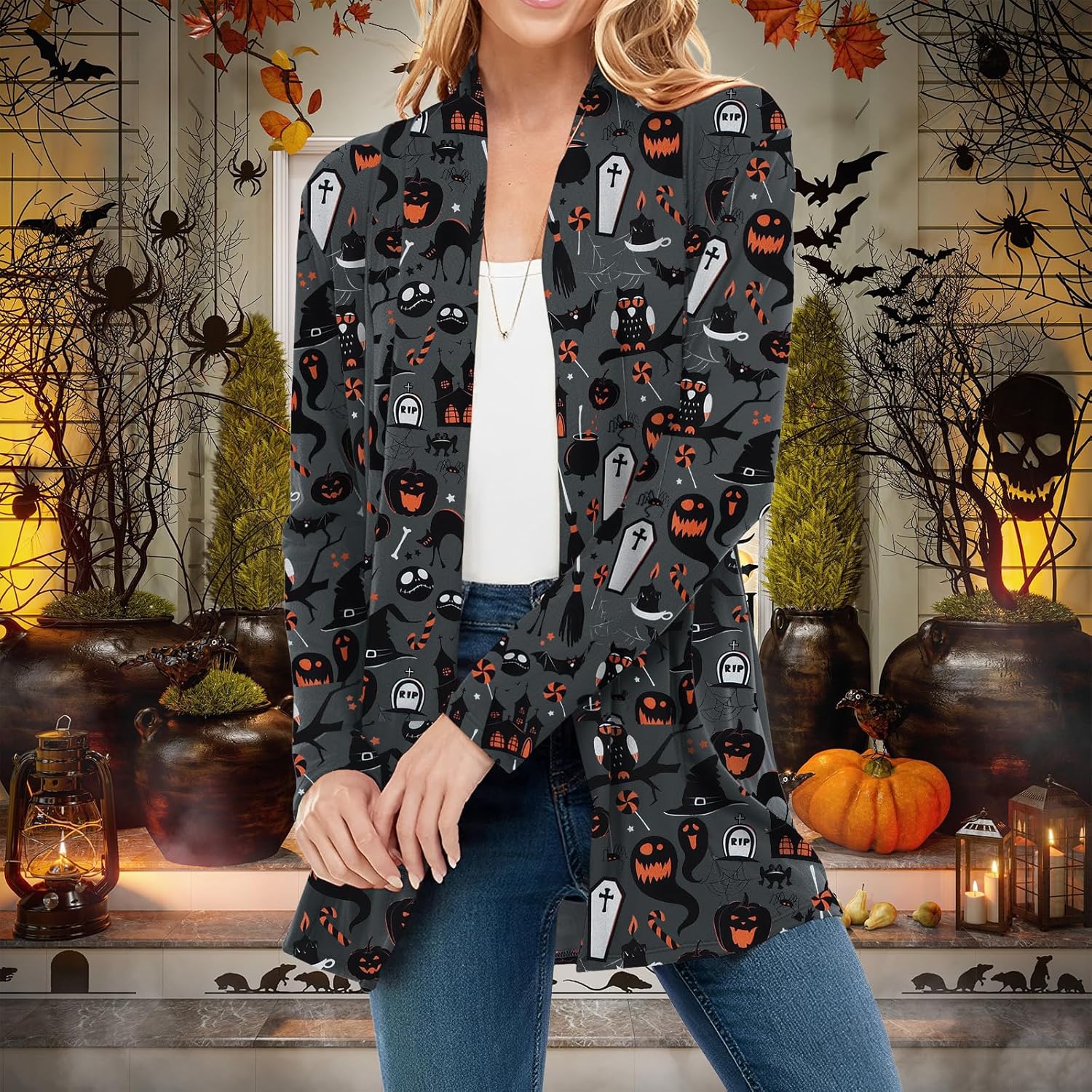 Women's Halloween Cat Pumpkin Cardigan Open Front Knit Outwear Coat Sweater Top - Picture 44 of 63