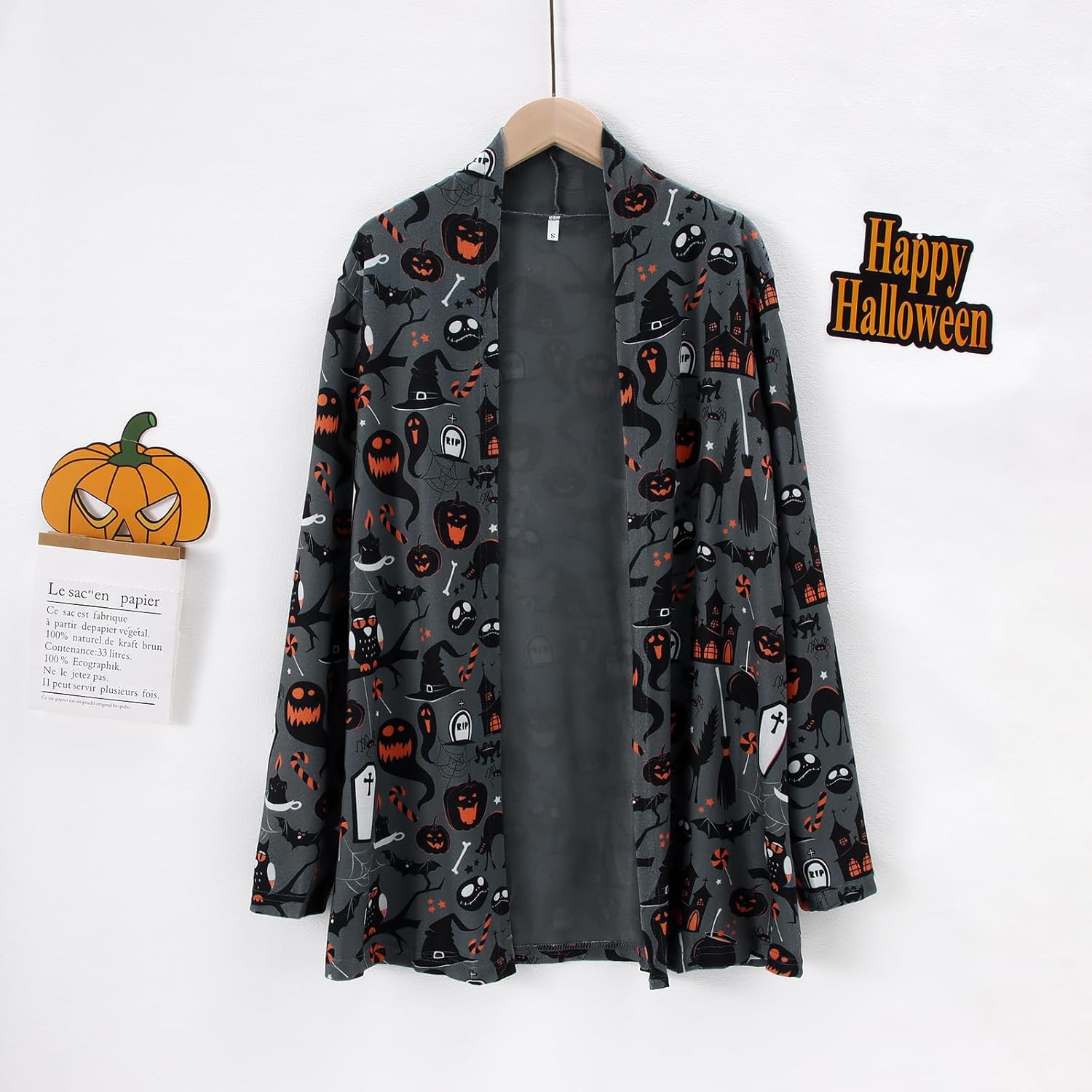 Women's Halloween Cat Pumpkin Cardigan Open Front Knit Outwear Coat Sweater Top - Picture 45 of 63
