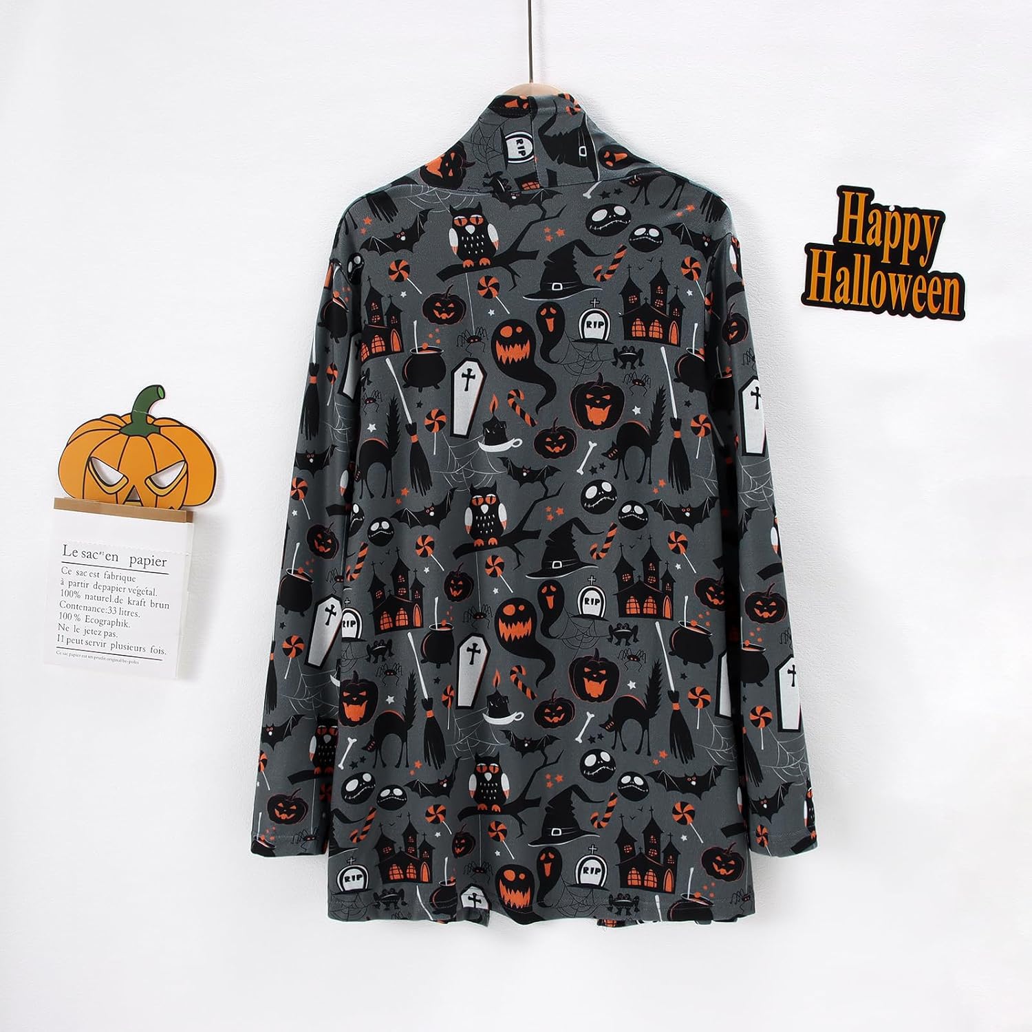 Women's Halloween Cat Pumpkin Cardigan Open Front Knit Outwear Coat Sweater Top - Picture 46 of 63
