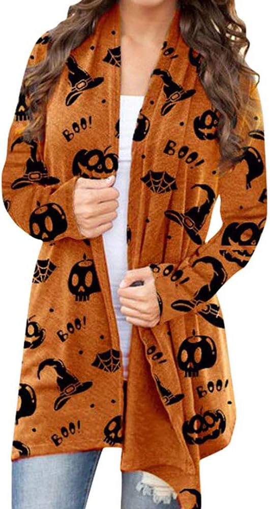 Women's Halloween Cat Pumpkin Cardigan Open Front Knit Outwear Coat Sweater Top - Picture 50 of 63