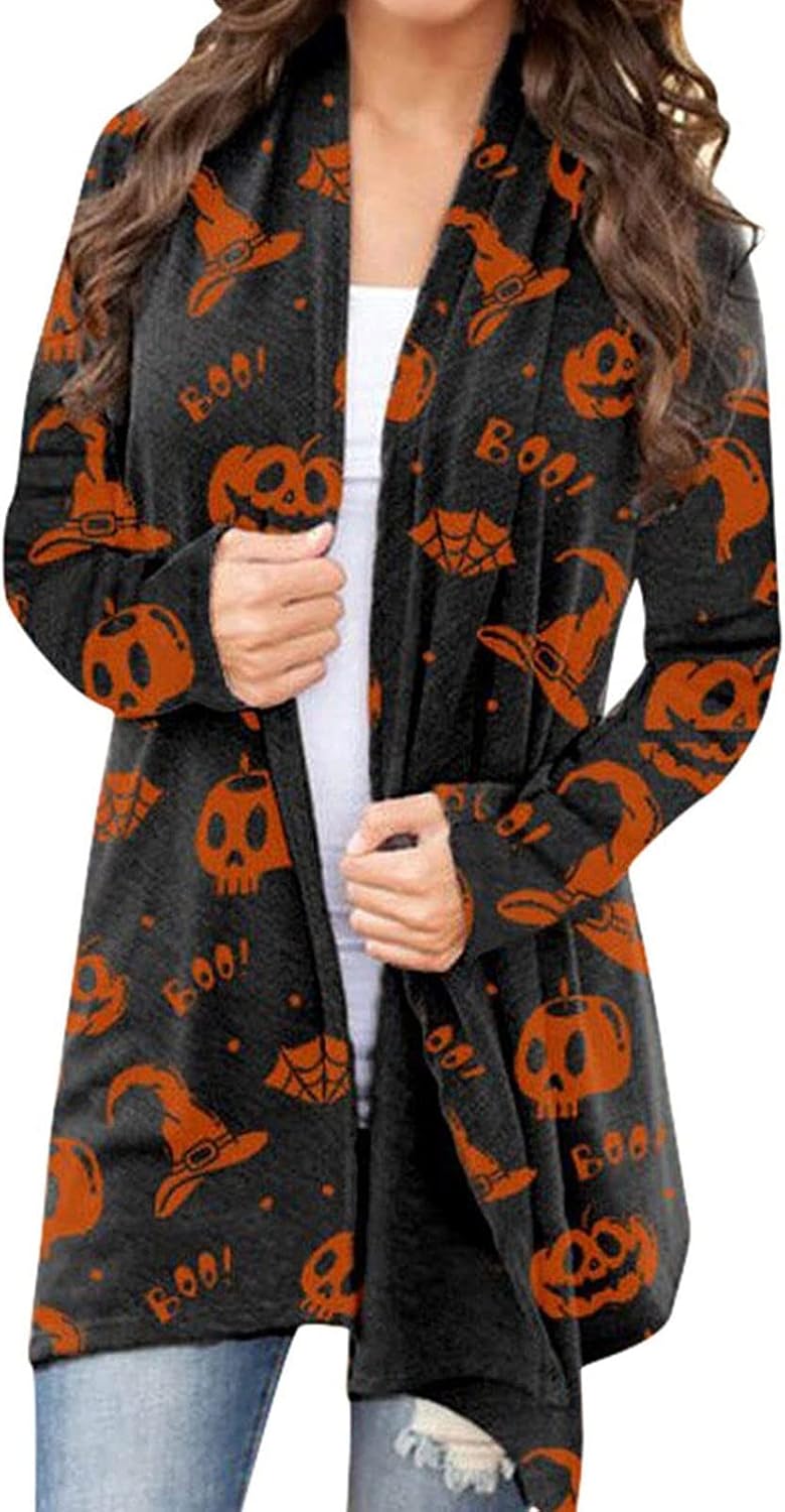 Women's Halloween Cat Pumpkin Cardigan Open Front Knit Outwear Coat Sweater Top - Picture 55 of 63
