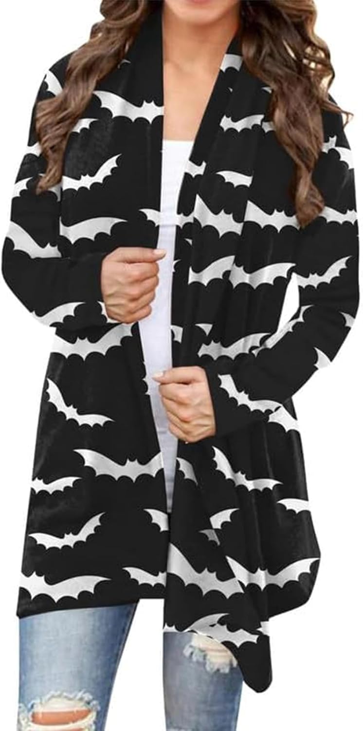 Women's Halloween Cat Pumpkin Cardigan Open Front Knit Outwear Coat Sweater Top - Picture 57 of 63