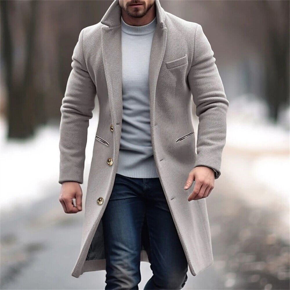 Men's Wool-Like Trench Coat Winter Warm Slim Fit Single Breasted