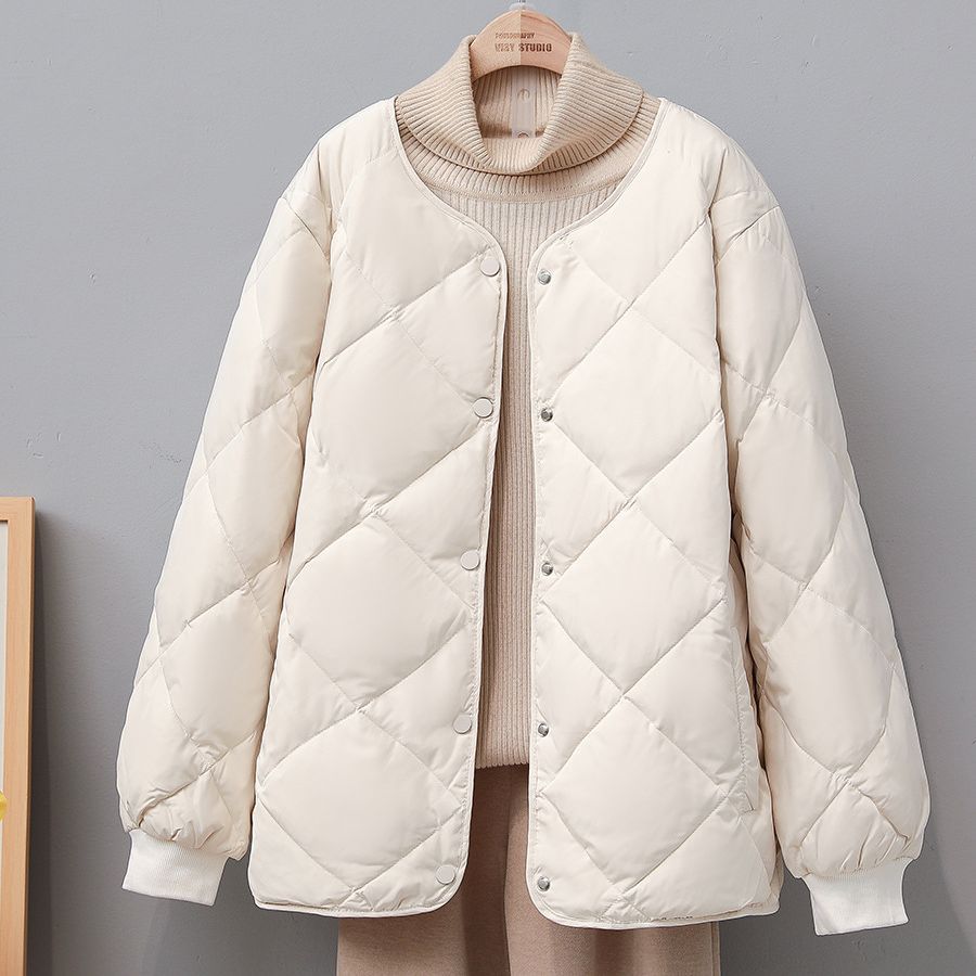 Womens Lightweight Round Neck Button Down Padded Coat Loose Winter Warm Outwear - Picture 6 of 7