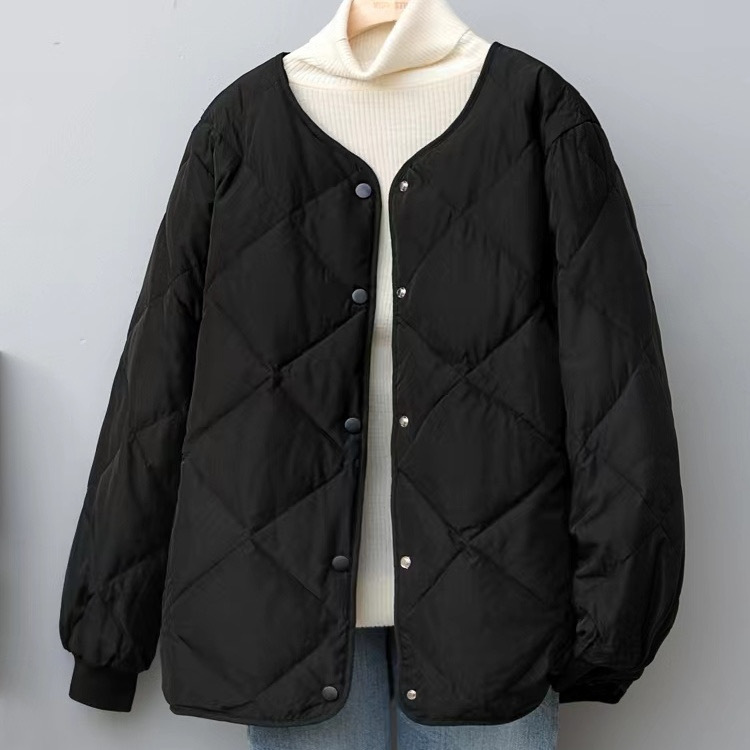 Womens Lightweight Round Neck Button Down Padded Coat Loose Winter Warm Outwear - Picture 5 of 7