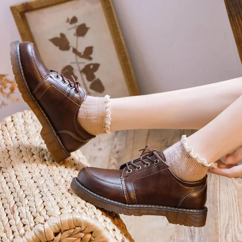 Women's Shoes Ladies Leather Female Round Toe Sewing Retro Comfortable College - Picture 26 of 26