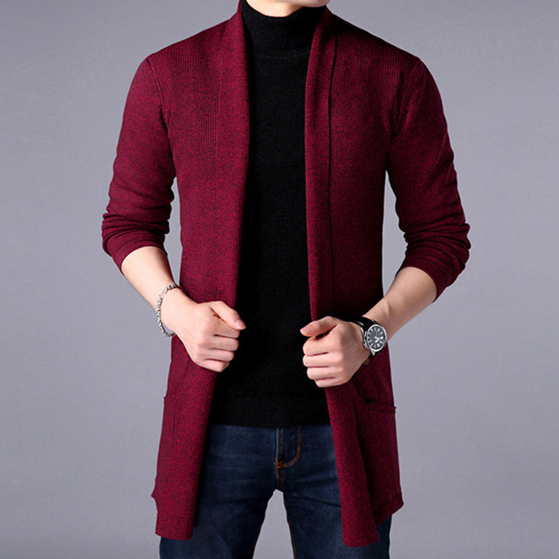 Men's Tops Knit Cardigan Mid-Length Slim Fit Long Sleeve Sweater Knitwear Jacket