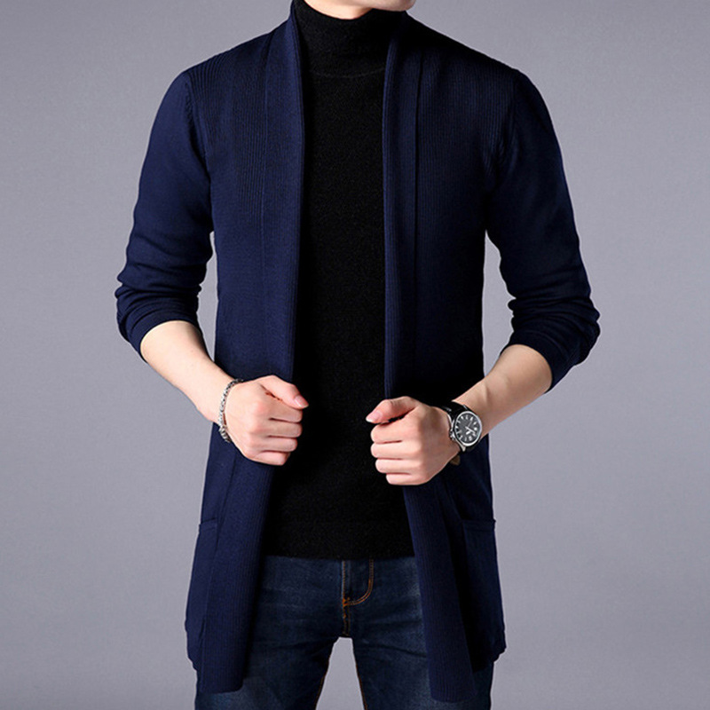 Men's Tops Knit Cardigan Mid-Length Slim Fit Long Sleeve Sweater Knitwear Jacket