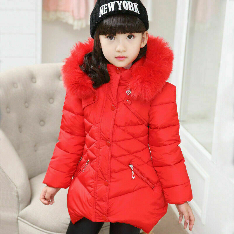 Girls Down Cotton Long Coat Warm Outwear Winter Coat Kids Hooded Jackets - Picture 13 of 14